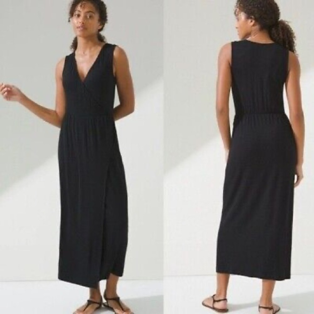 Soma WKND Solid Black Faux Wrap Midi Softlite dress with Pockets Size L